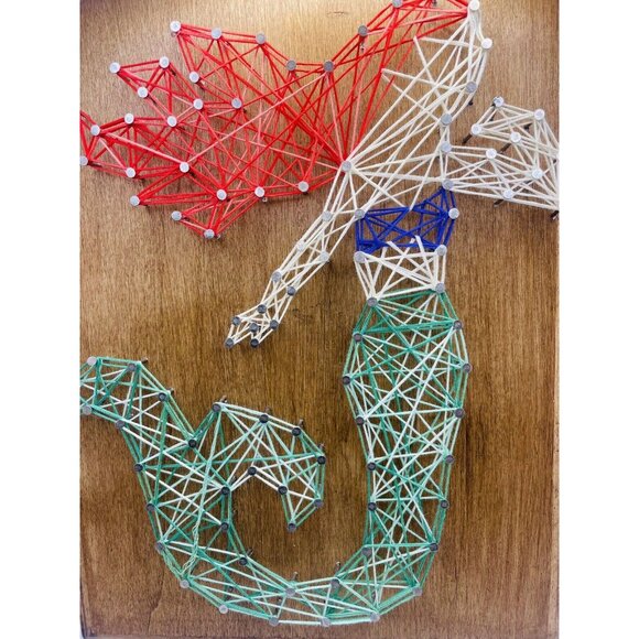 Mermaid String Art Picture On Wood Whimsical Handmade Wall Decor - Picture 2 of 5